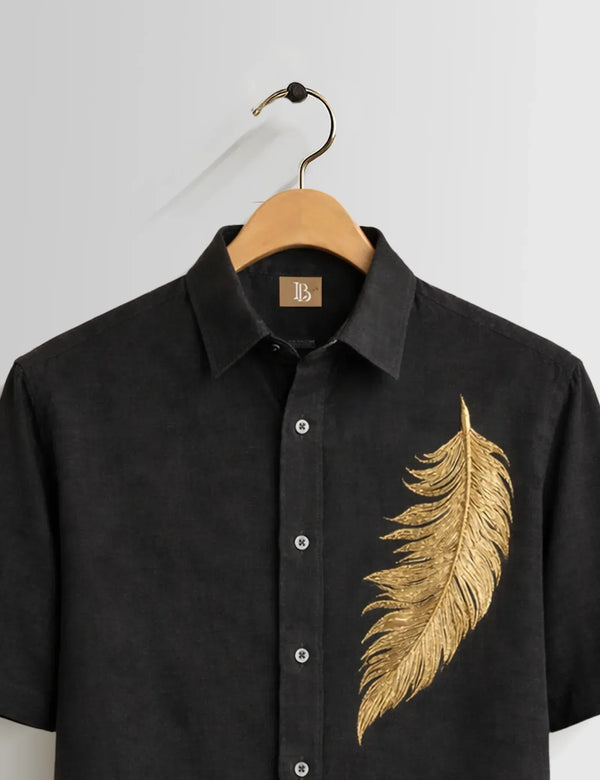 Fazone Men's Premium Golden Feather Embroidered Half Sleeve Casual Shirt