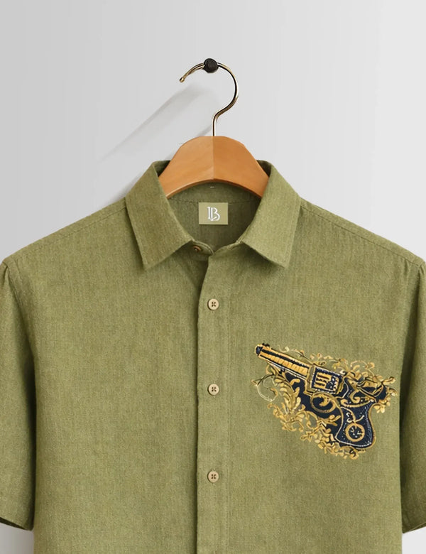 Fazone Men's Premium Olive Green Graphic Embroidered Half Sleeve Casual Shirt