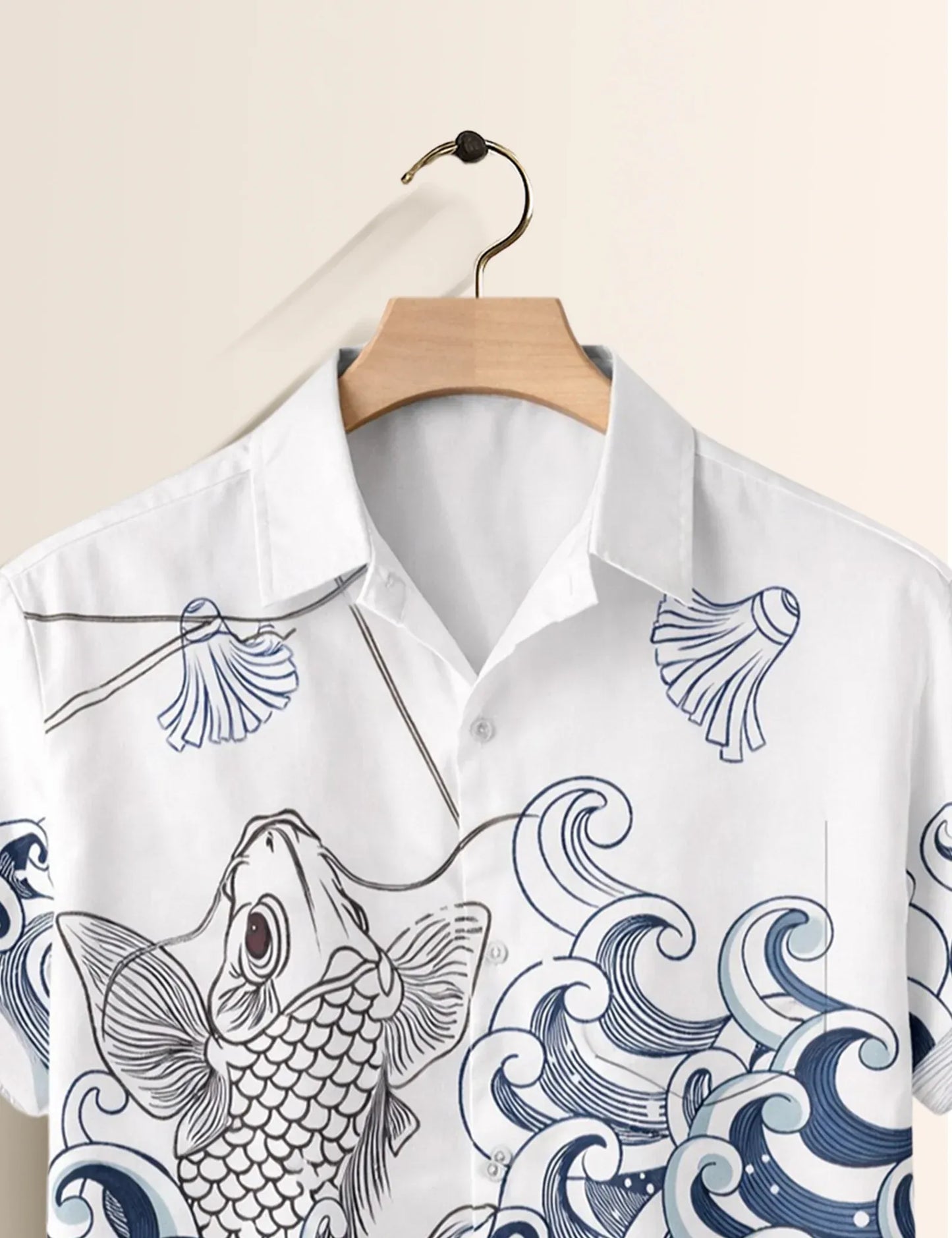 Fazone Men's Premium Ocean Wave Koi Fish Printed Half Sleeve Casual Shirt