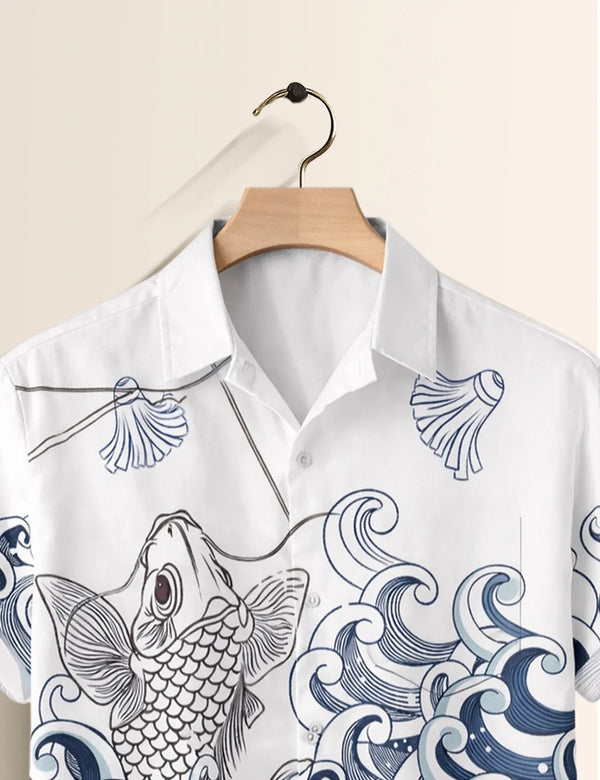 Fazone Men's Premium Ocean Wave Koi Fish Printed Half Sleeve Casual Shirt