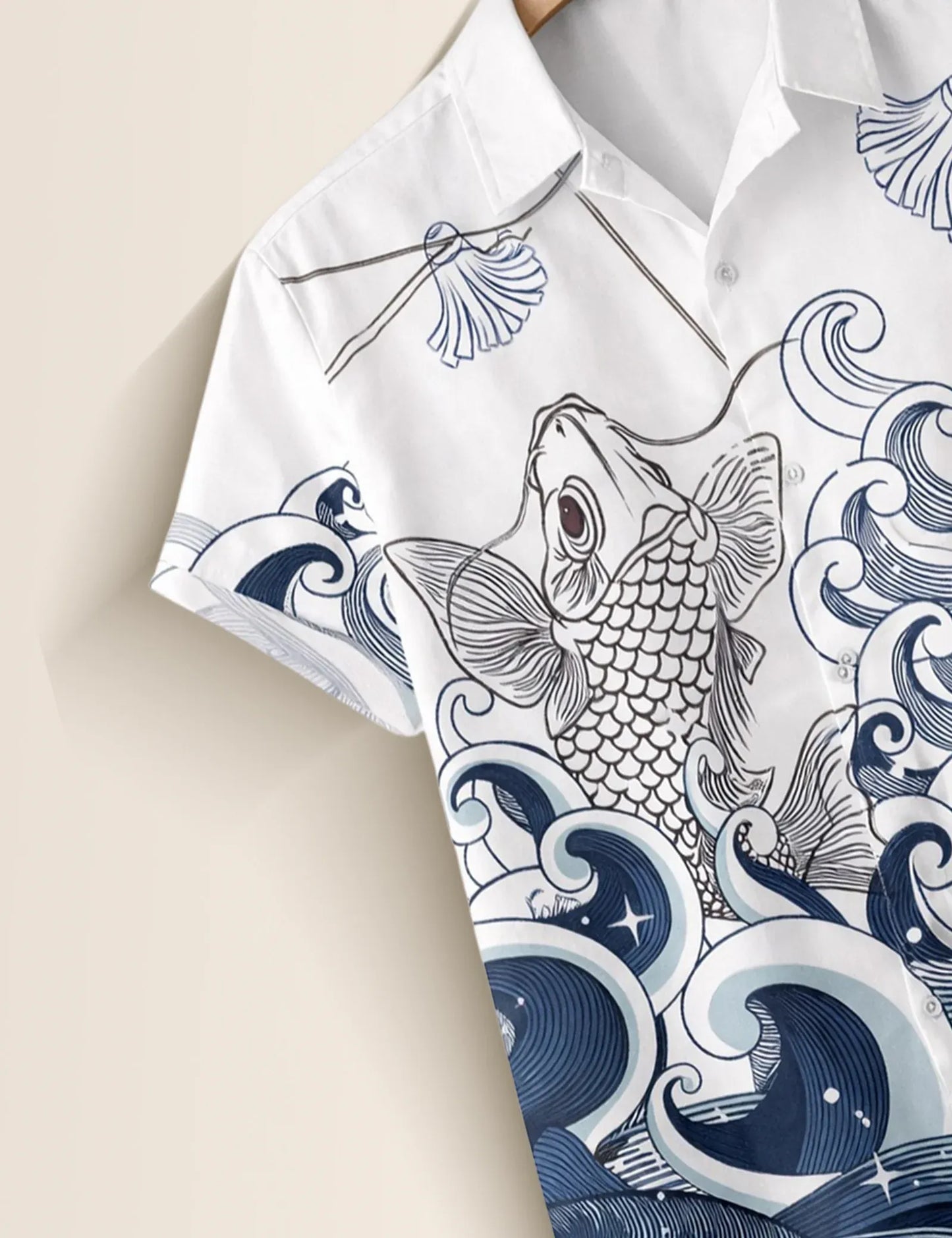 Fazone Men's Premium Ocean Wave Koi Fish Printed Half Sleeve Casual Shirt
