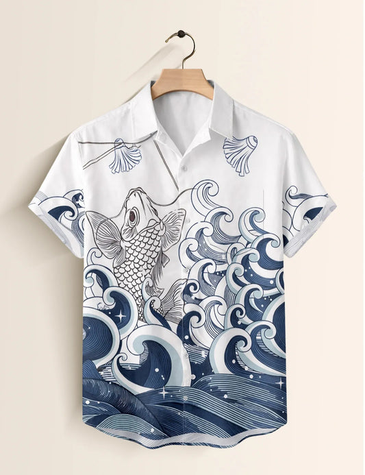 Fazone Men's Premium Ocean Wave Koi Fish Printed Half Sleeve Casual Shirt