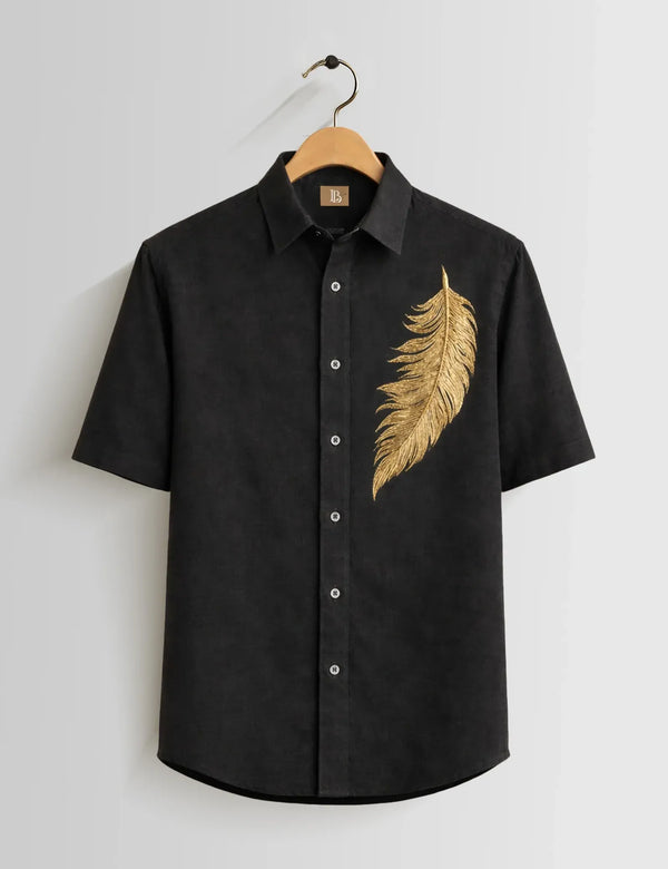 Fazone Men's Premium Golden Feather Embroidered Half Sleeve Casual Shirt