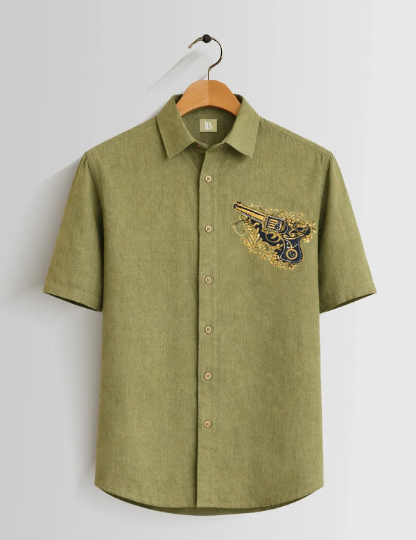 Fazone Men's Premium Olive Green Graphic Embroidered Half Sleeve Casual Shirt